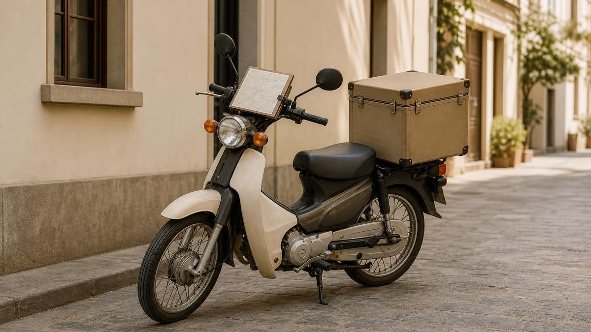 A small motorbike parked with a delivery box on the back and a route card visible on the handlebars